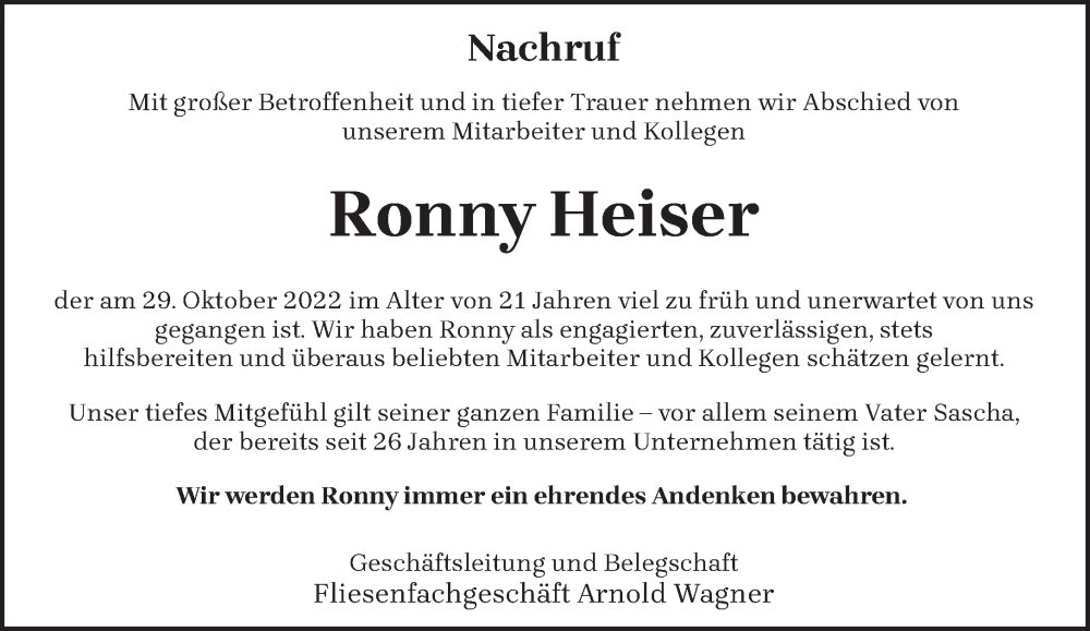  Traueranzeige für Ronny Heiser vom 07.11.2022 aus trierischer_volksfreund