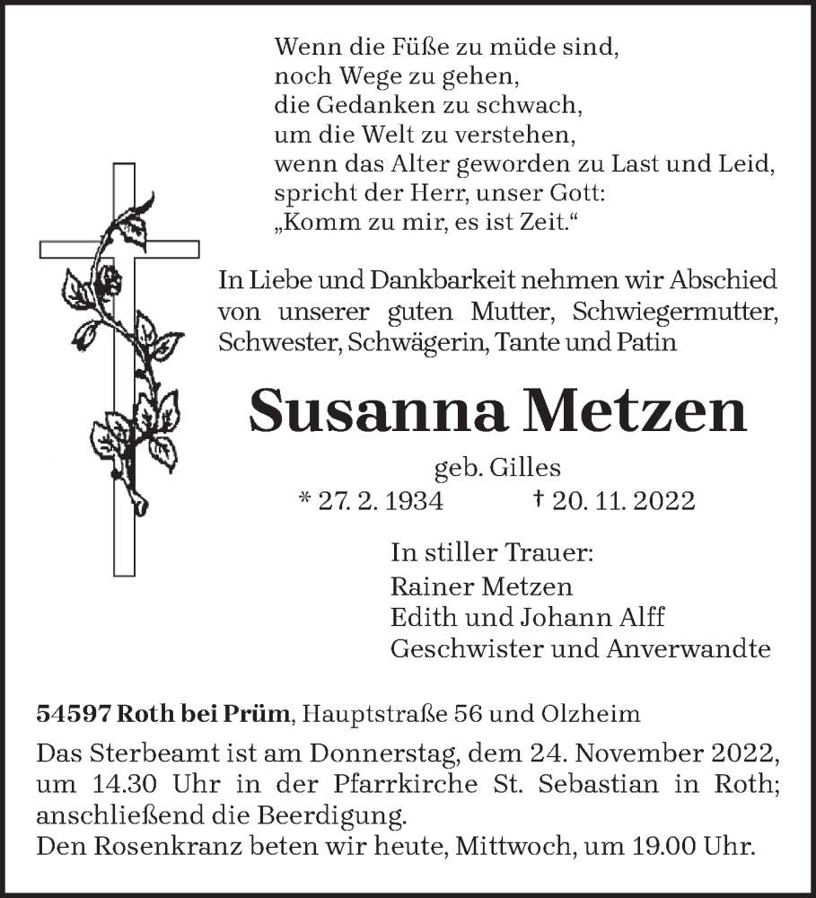  Traueranzeige für Susanna Metzen vom 23.11.2022 aus trierischer_volksfreund