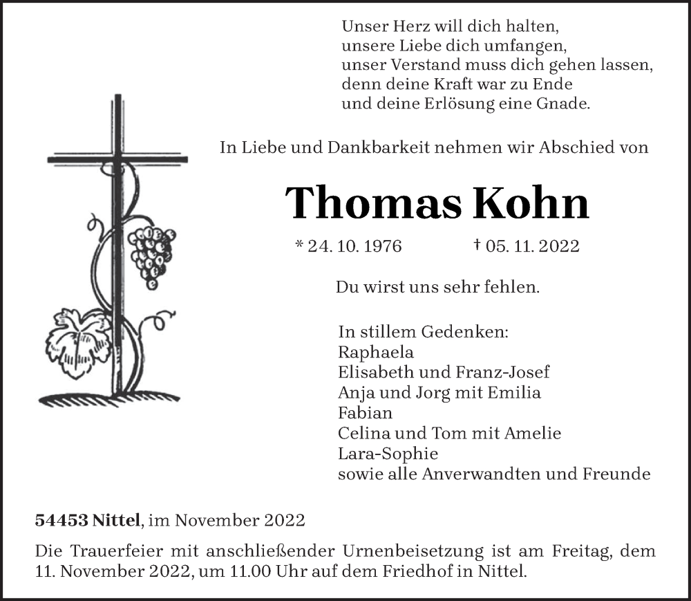  Traueranzeige für Thomas Kohn vom 09.11.2022 aus trierischer_volksfreund