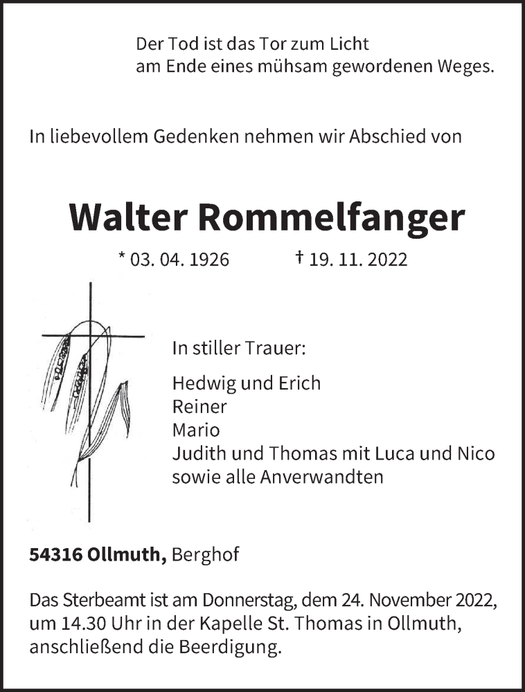  Traueranzeige für Walter Rommelfanger vom 22.11.2022 aus trierischer_volksfreund