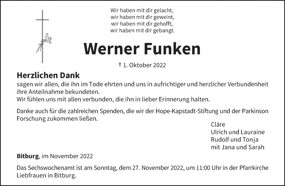 Traueranzeige für Werner Funken vom 19.11.2022 aus trierischer_volksfreund