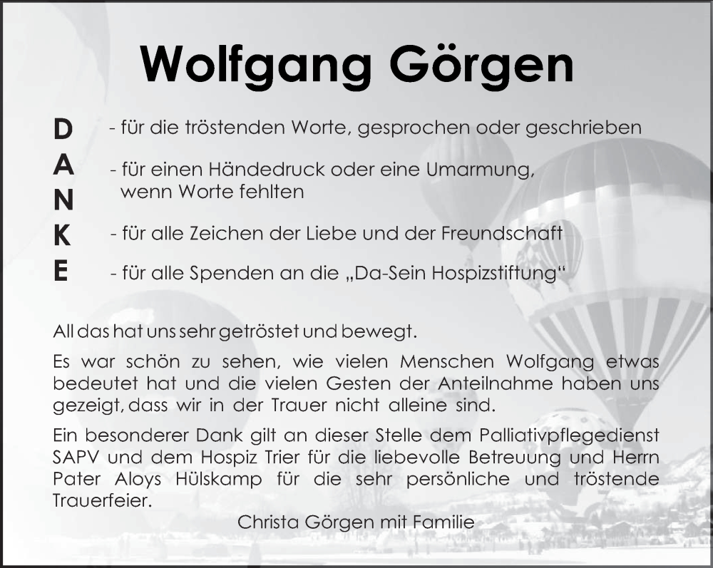  Traueranzeige für Wolfgang Görgen vom 26.11.2022 aus trierischer_volksfreund