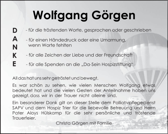 Traueranzeige von Wolfgang Görgen von trierischer_volksfreund