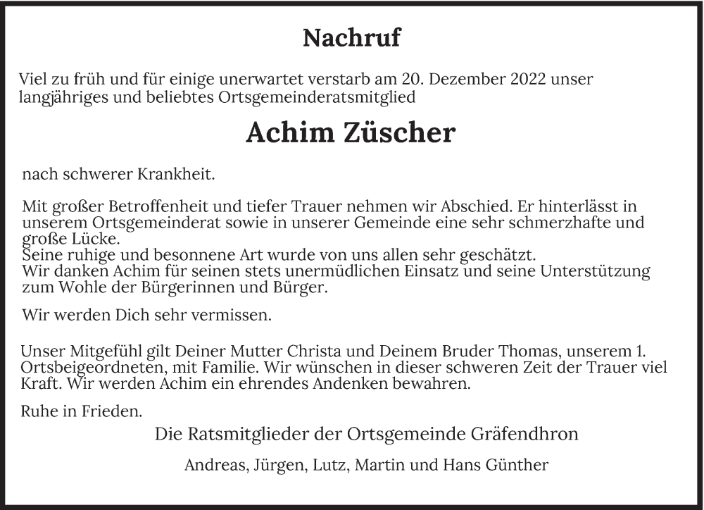  Traueranzeige für Achim Züscher vom 28.12.2022 aus trierischer_volksfreund