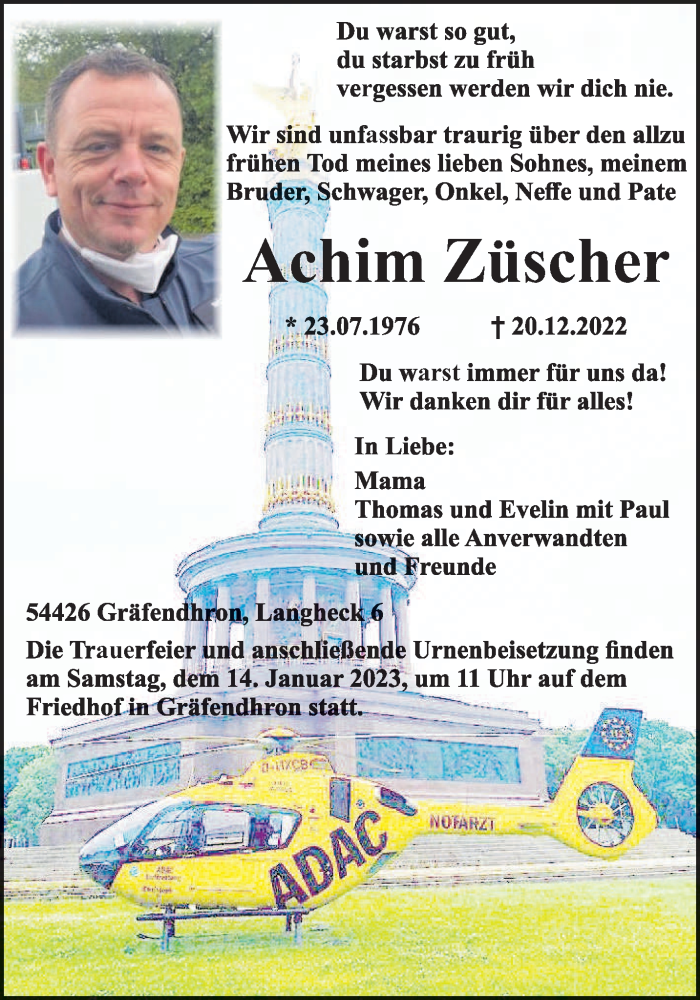  Traueranzeige für Achim Züscher vom 28.12.2022 aus trierischer_volksfreund