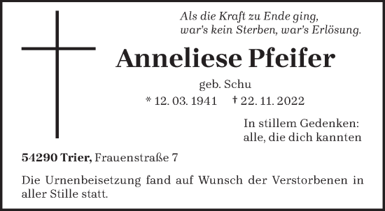 Traueranzeige von Anneliese Pfeifer von trierischer_volksfreund