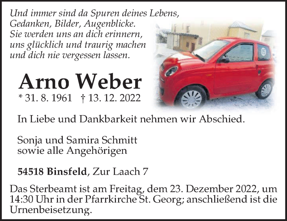  Traueranzeige für Arno Weber vom 17.12.2022 aus trierischer_volksfreund