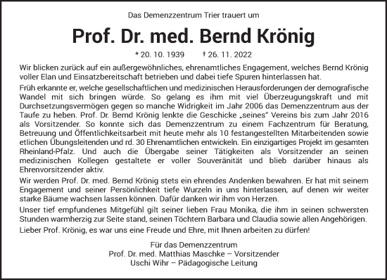 Traueranzeige von Bernd Krönig von trierischer_volksfreund
