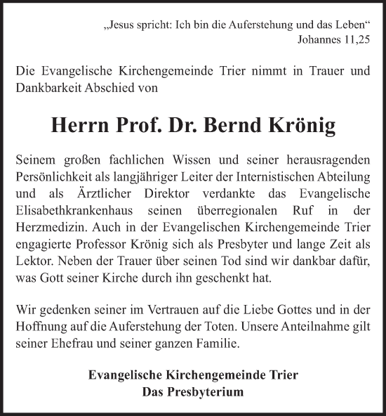 Traueranzeige von Bernd Krönig von trierischer_volksfreund