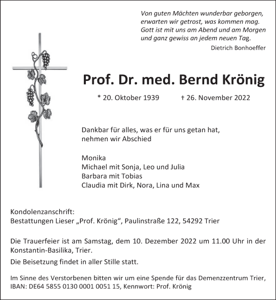 Traueranzeige von Bernd Krönig von trierischer_volksfreund