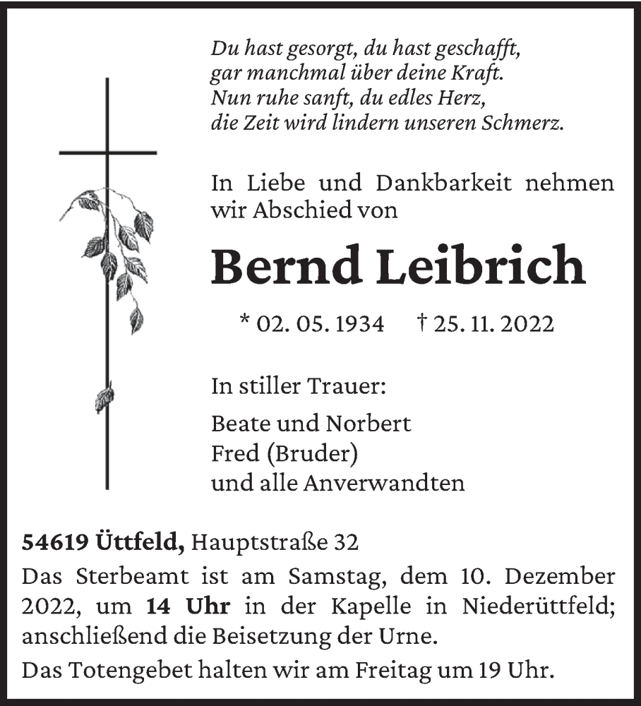  Traueranzeige für Bernd Leibrich vom 05.12.2022 aus trierischer_volksfreund