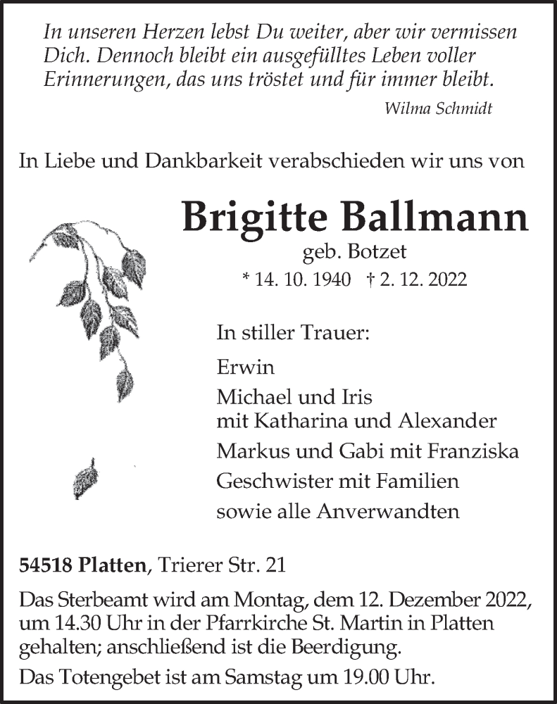  Traueranzeige für Brigitte Ballmann vom 07.12.2022 aus trierischer_volksfreund