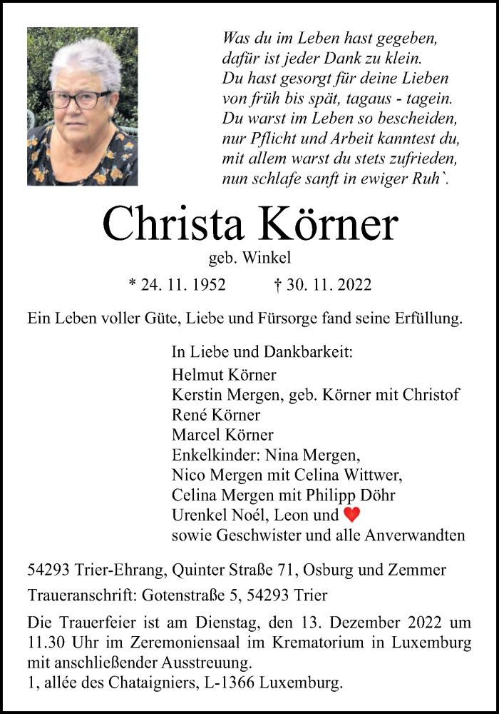  Traueranzeige für Christa Körner vom 07.12.2022 aus trierischer_volksfreund