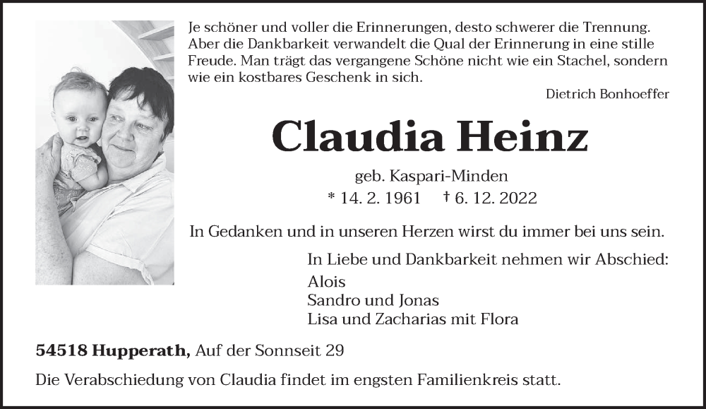  Traueranzeige für Claudia Heinz vom 13.12.2022 aus trierischer_volksfreund