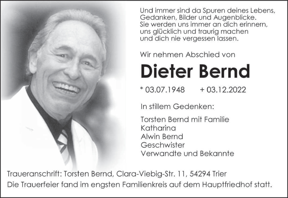  Traueranzeige für Dieter Bernd vom 17.12.2022 aus trierischer_volksfreund