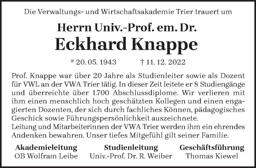  Traueranzeige für Eckhard Knappe vom 21.12.2022 aus trierischer_volksfreund