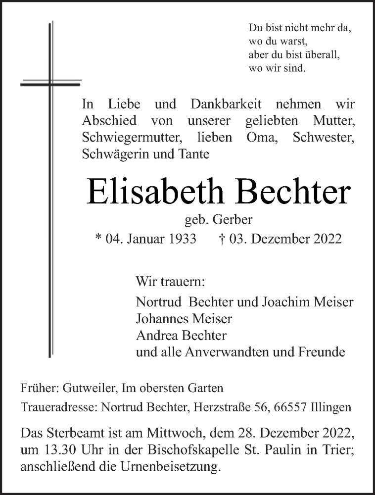  Traueranzeige für Elisabeth Bechter vom 24.12.2022 aus trierischer_volksfreund