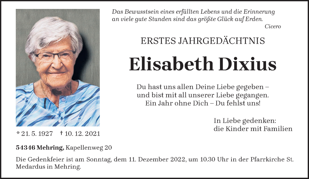  Traueranzeige für Elisabeth Dixius vom 10.12.2022 aus trierischer_volksfreund