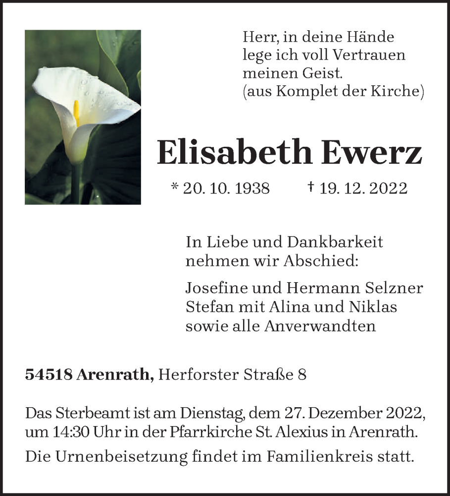  Traueranzeige für Elisabeth Ewerz vom 24.12.2022 aus trierischer_volksfreund