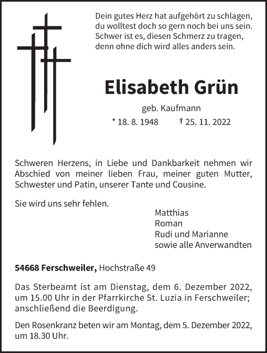 Traueranzeigen von Elisabeth Grün | Volksfreund.Trauer.de