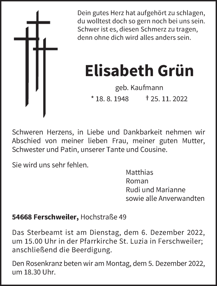  Traueranzeige für Elisabeth Grün vom 30.11.2022 aus trierischer_volksfreund
