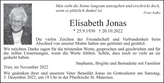 Traueranzeige von Elisabeth Jonas von trierischer_volksfreund