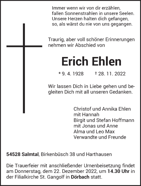 Traueranzeige von Erich Ehlen von trierischer_volksfreund