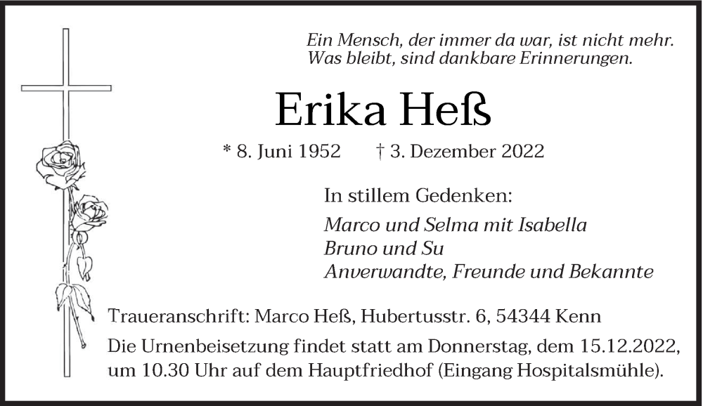  Traueranzeige für Erika Heß vom 10.12.2022 aus trierischer_volksfreund