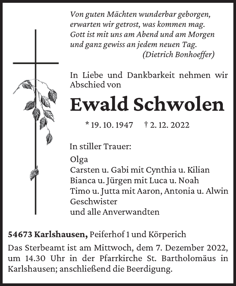  Traueranzeige für Ewald Schwolen vom 05.12.2022 aus trierischer_volksfreund