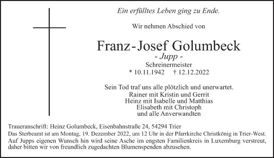 Traueranzeige von Franz-Josef Golumbeck von trierischer_volksfreund