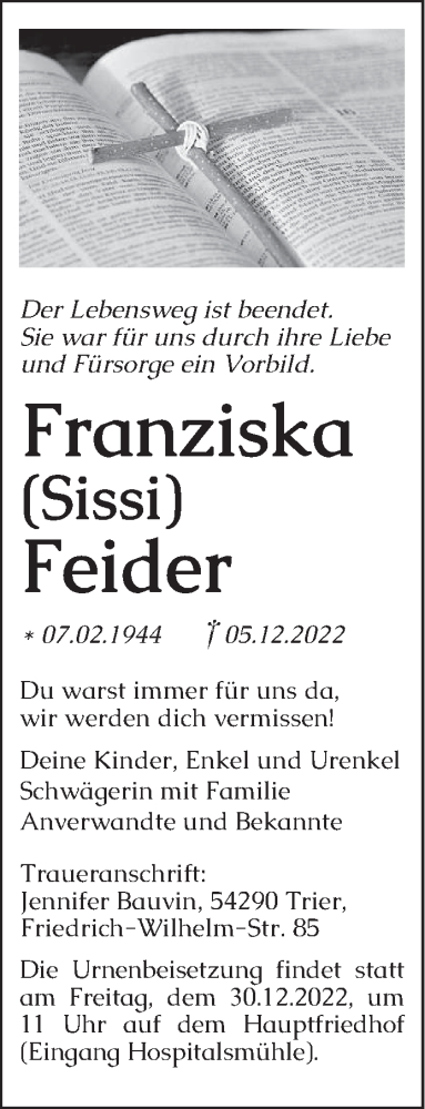  Traueranzeige für Franziska Feider vom 17.12.2022 aus trierischer_volksfreund