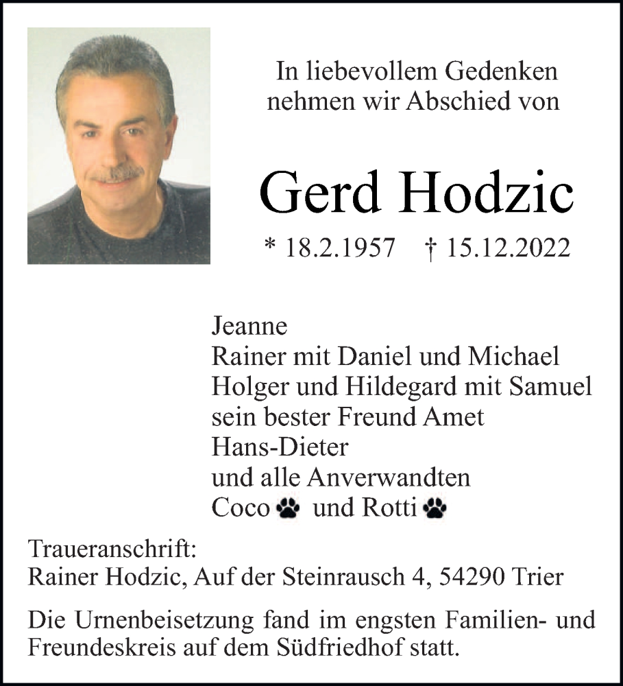  Traueranzeige für Gerd Hodzic vom 30.12.2022 aus trierischer_volksfreund