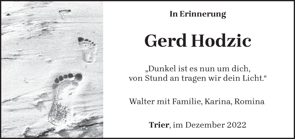  Traueranzeige für Gerd Hodzic vom 30.12.2022 aus trierischer_volksfreund