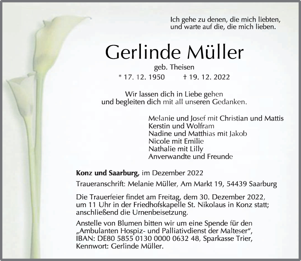  Traueranzeige für Gerlinde Müller vom 24.12.2022 aus trierischer_volksfreund