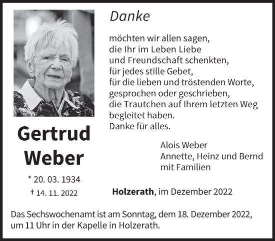 Traueranzeige von Gertrud Weber von trierischer_volksfreund