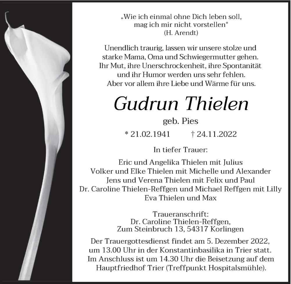  Traueranzeige für Gudrun Thielen vom 30.11.2022 aus trierischer_volksfreund