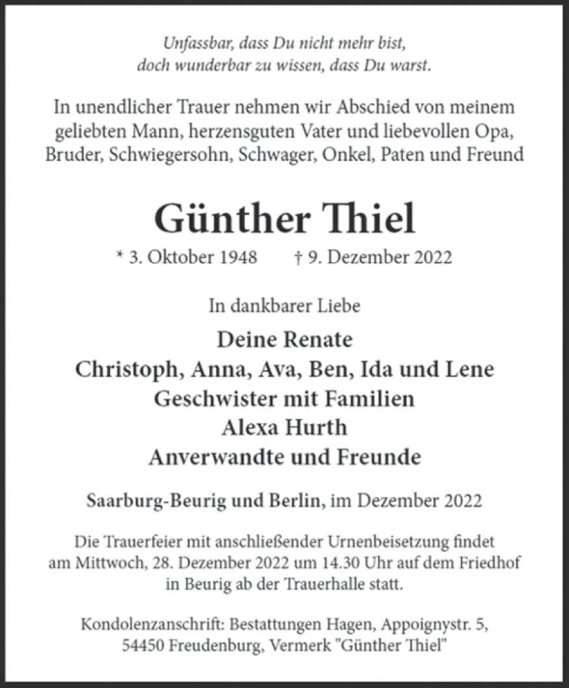  Traueranzeige für Günther Thiel vom 21.12.2022 aus trierischer_volksfreund