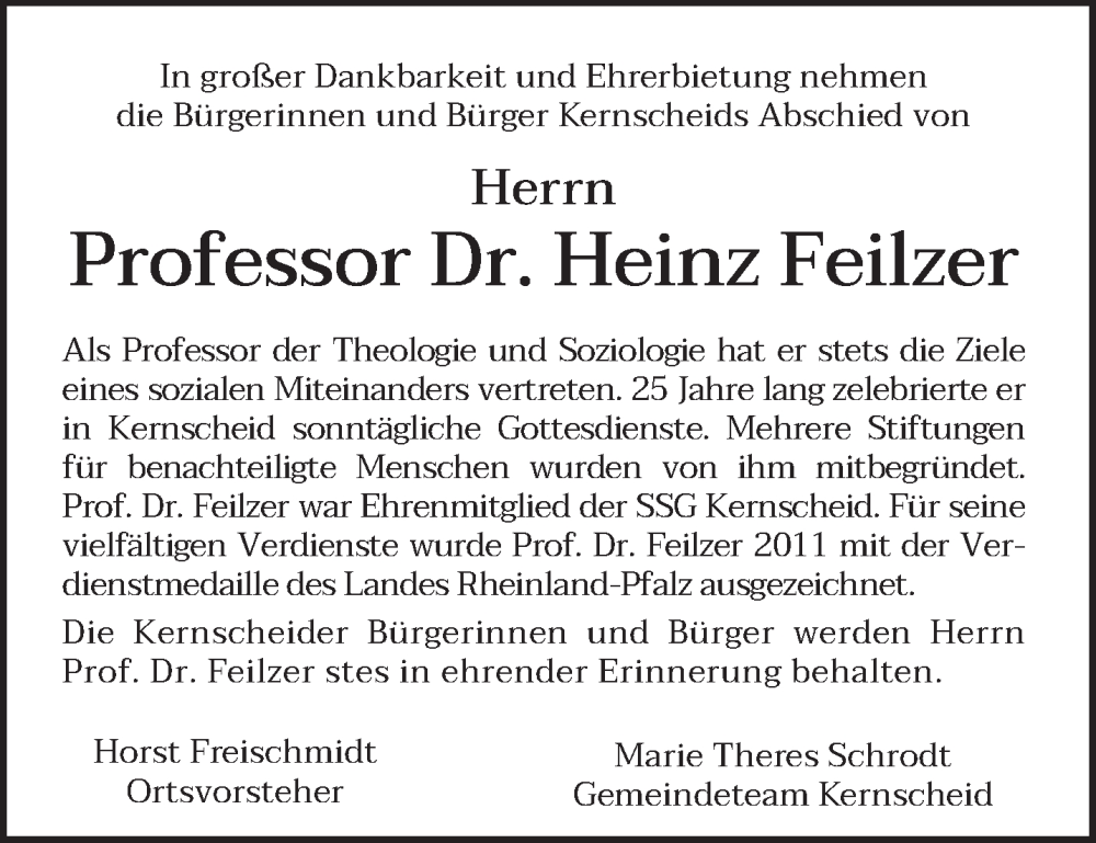  Traueranzeige für Heinz Feilzer vom 16.12.2022 aus trierischer_volksfreund