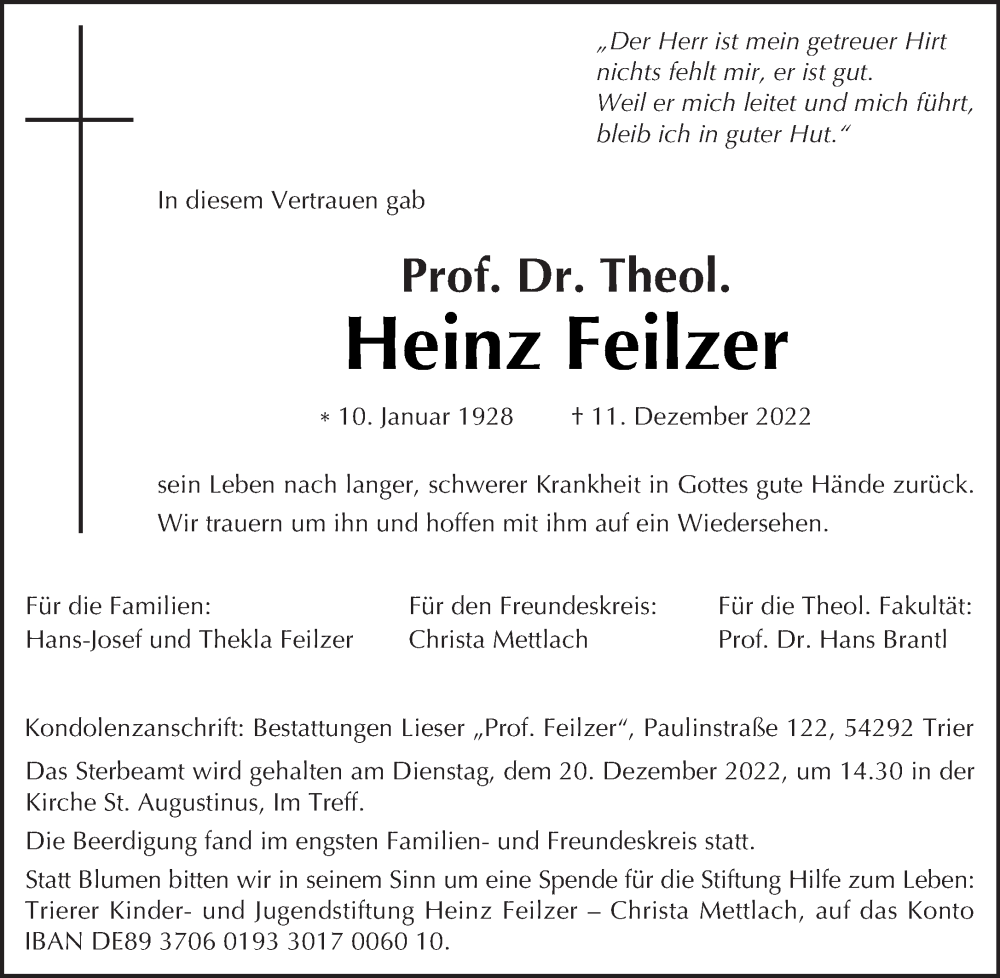  Traueranzeige für Heinz Feilzer vom 16.12.2022 aus trierischer_volksfreund