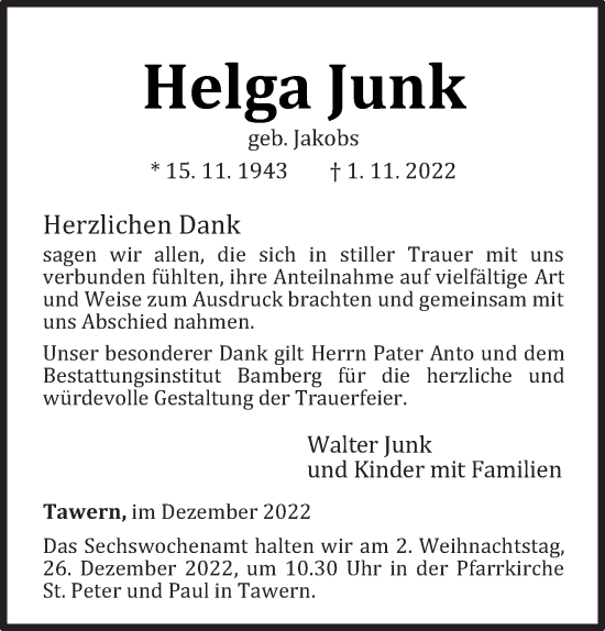Traueranzeige von Helga Junk von trierischer_volksfreund