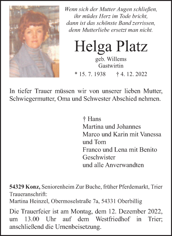 Traueranzeige von Helga Platz von trierischer_volksfreund