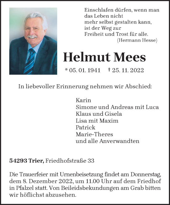 Traueranzeige von Helmut Mees von trierischer_volksfreund