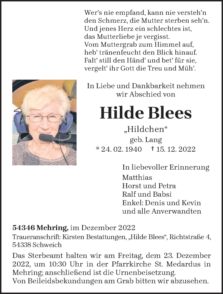  Traueranzeige für Hilde Blees vom 17.12.2022 aus trierischer_volksfreund