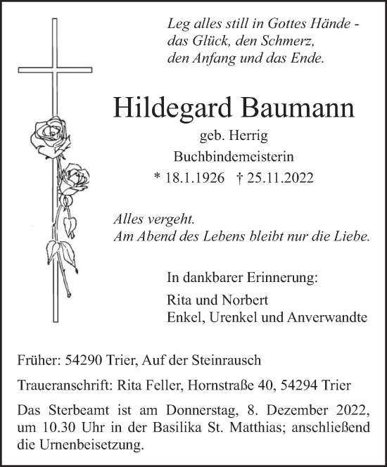 Traueranzeige von Hildegard Baumann von trierischer_volksfreund