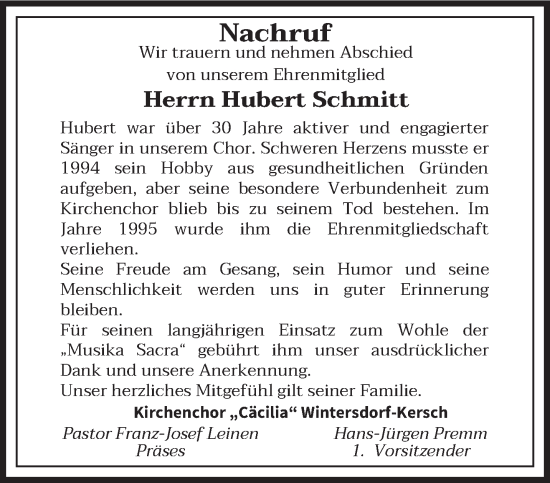 Traueranzeige von Hubert Schmitt von trierischer_volksfreund