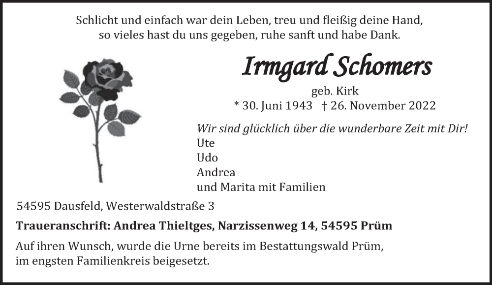  Traueranzeige für Irmgard Schomers vom 05.12.2022 aus trierischer_volksfreund