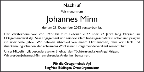 Traueranzeige von Johannes Minn von trierischer_volksfreund