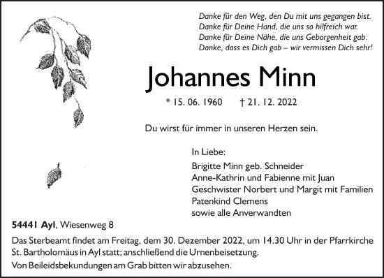Traueranzeige von Johannes Minn von trierischer_volksfreund