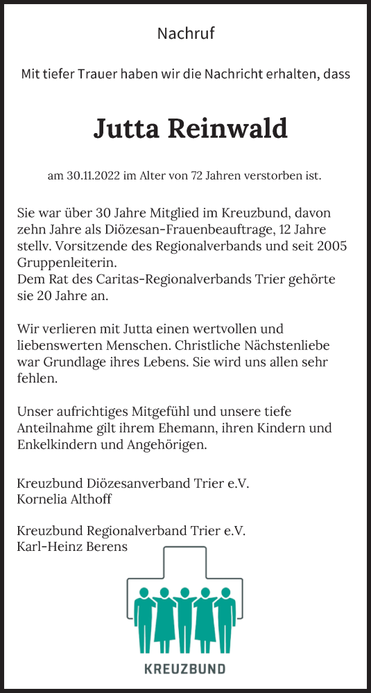 Traueranzeige von Jutta Reinwald von trierischer_volksfreund