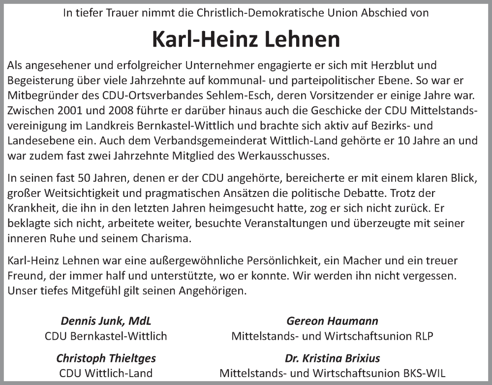  Traueranzeige für Karl-Heinz Lehnen vom 02.12.2022 aus trierischer_volksfreund